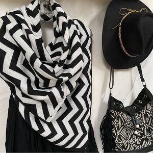 Chevron Black and White boho Poncho/scarf/body wrap w silver metallic sparkle